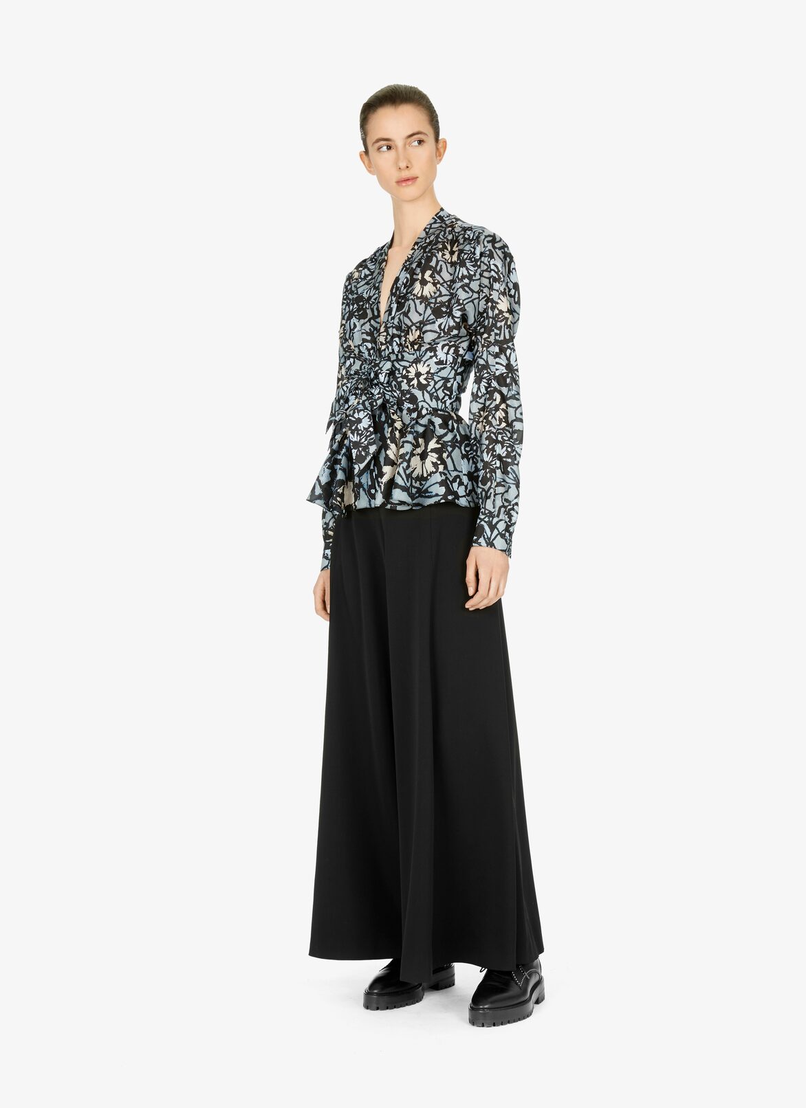 Cinched printed habotai silk shirt  ALAÏA BLACK/BLUE CINCHED PRINTED HABOTAI SILK SHIRT